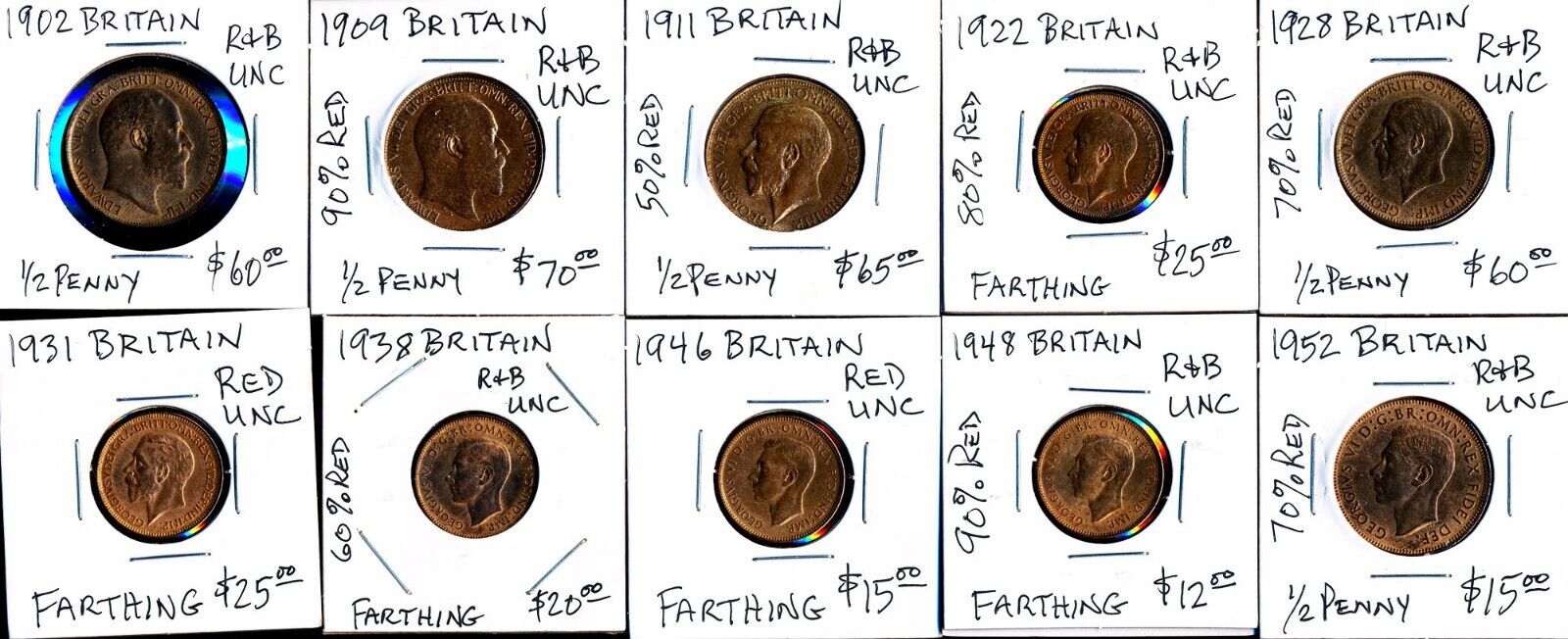 All Unc 10 British Farthings & Halfpennies (1902-1952) Cv$367 No Reserve