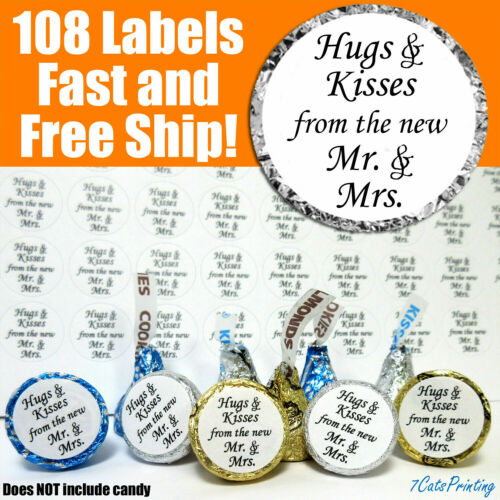 Wedding Decoration Party Favors Hugs & Kisses Mr Mrs Fits Hershey Kiss Stickers